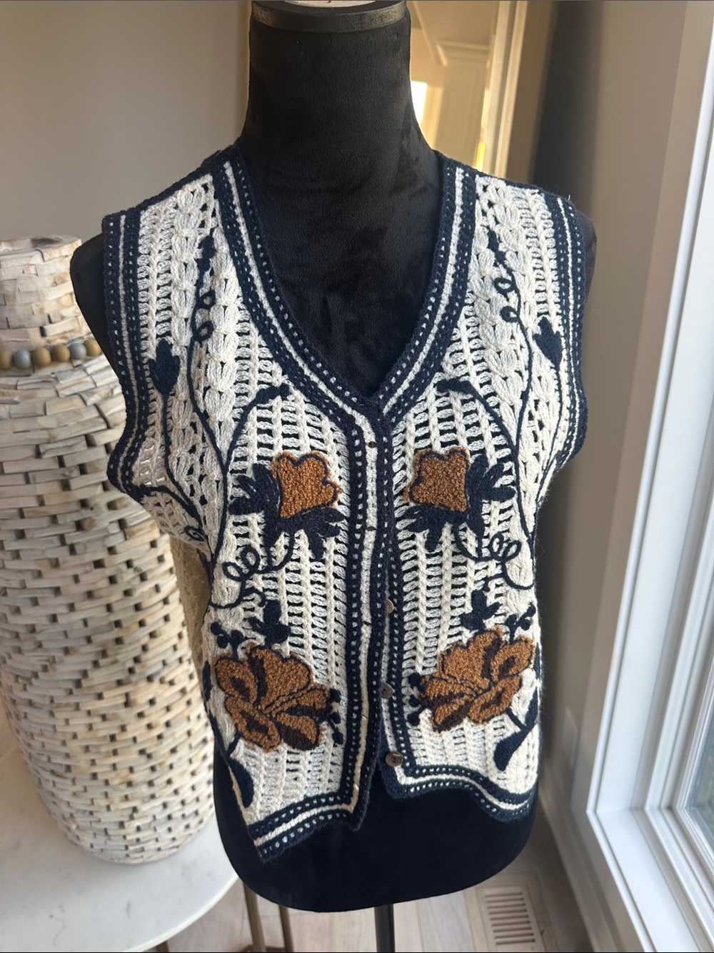 Cream and Navy Floral Knit V-Neck Sweater Vest